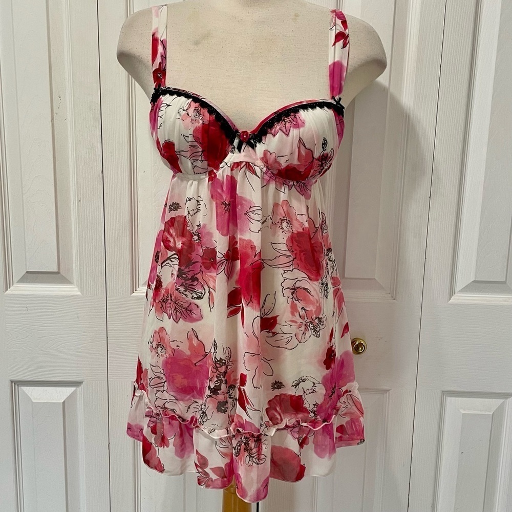 Ambrielle Pink and White Floral Chiffon Chemise 2 Piece Sleep Set